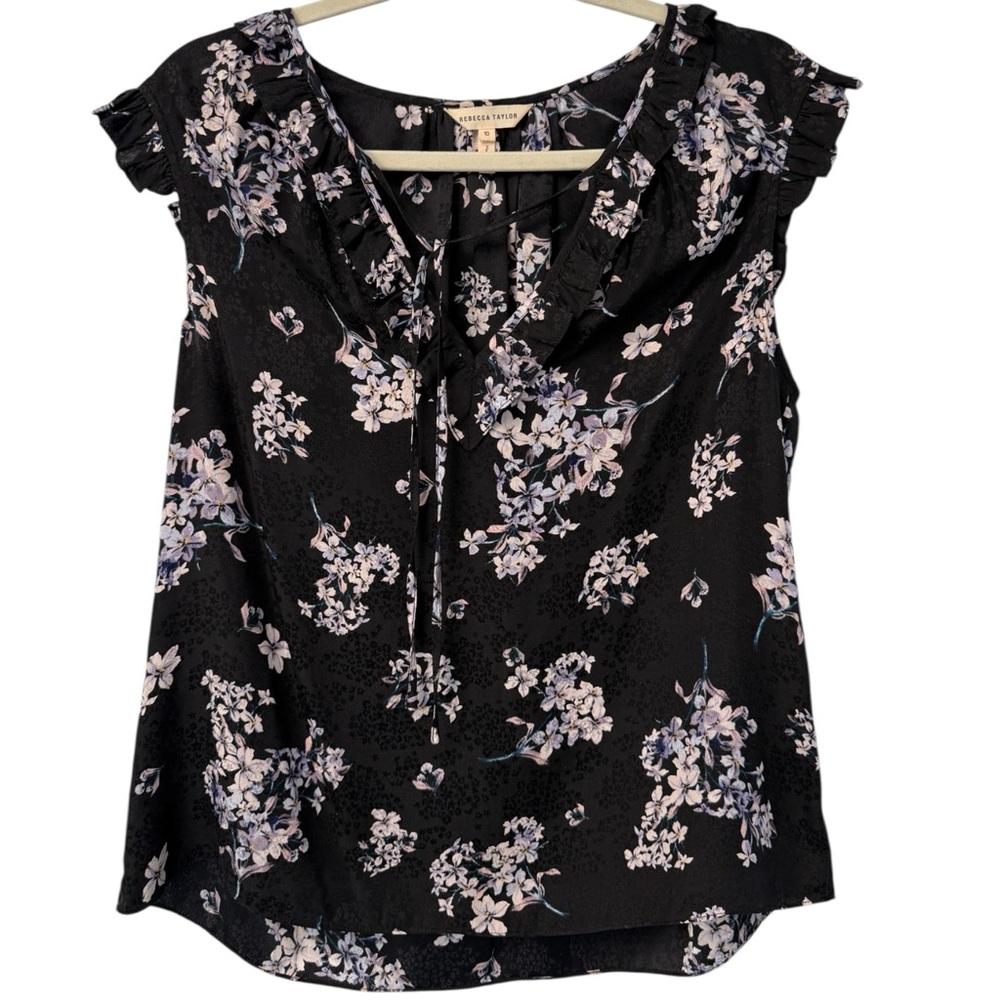 Rebecca Taylor Silk Floral Print Ruffle V Neck Blouse Size 10 Black Lavender